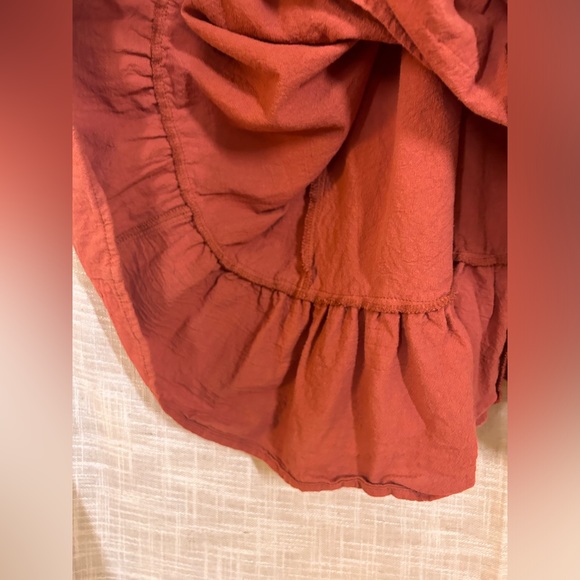 Small Rust Orange Laced Summer Flowy Short Flair Dress with Detailed Ruffling. - Picture 12 of 12